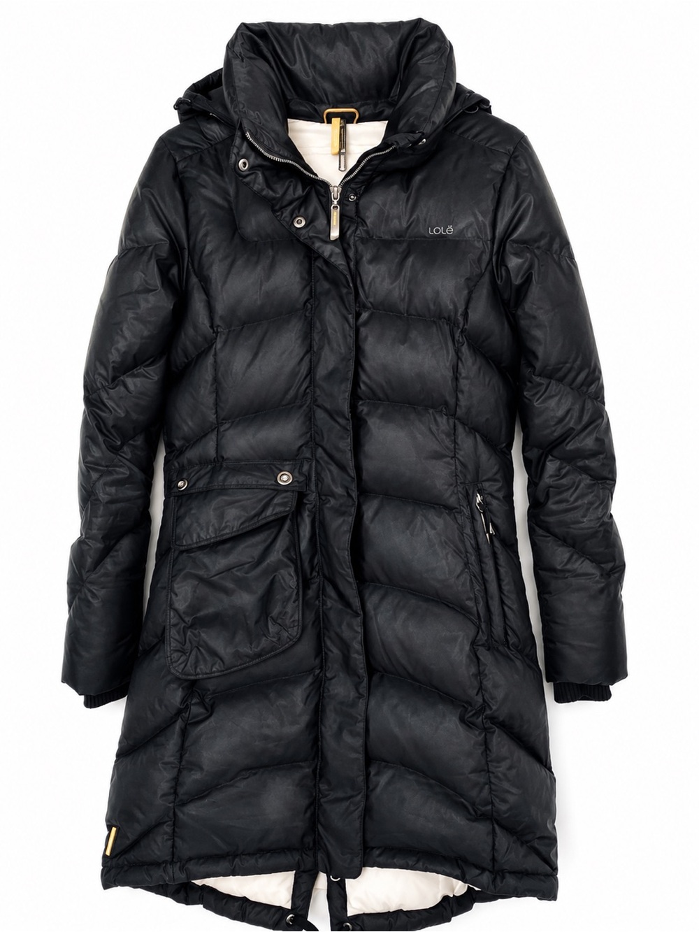 Lole Emmy Down Puffer Jacket Black Med. 8-10 Long Hooded 600 Fill DWR Winter